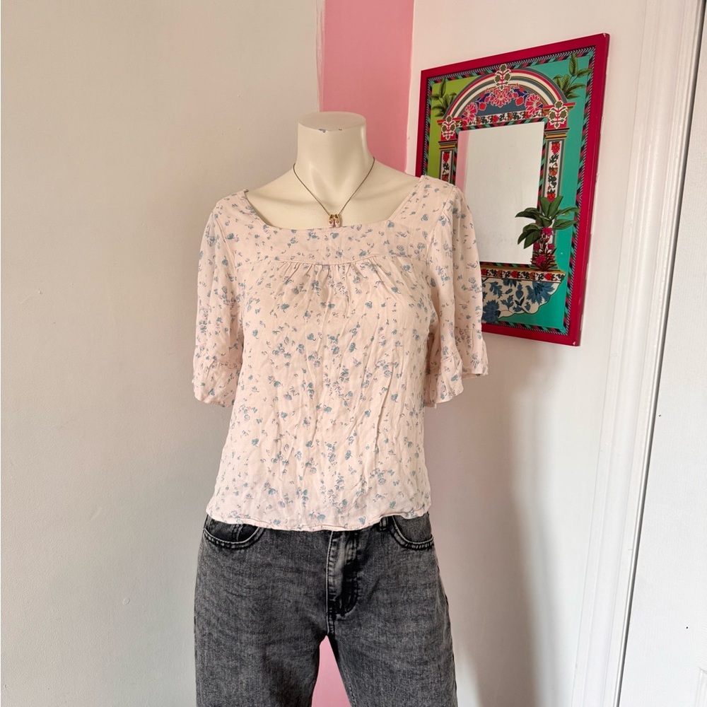 Baby Pink And Blue Floral Women’s Mid Sleeve Soft Blouse